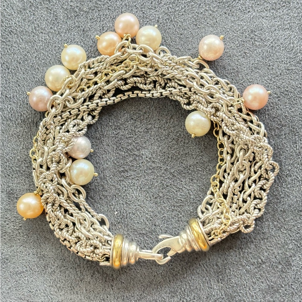 David Yurman 925 & 18k Gold Multi-Strand Pearl Bracelet 7"